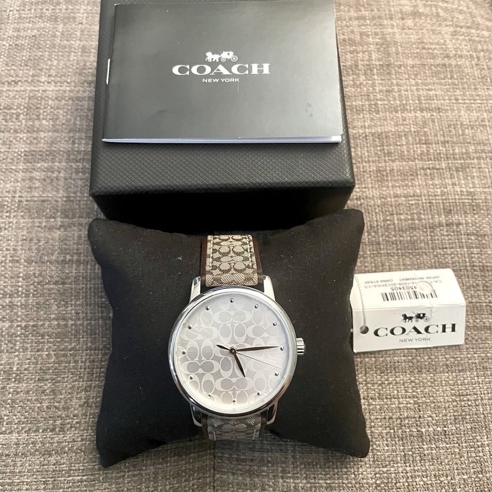 Coach White Grand Dial Logo Leather/Canvas Strap Women's Wrist Watch
